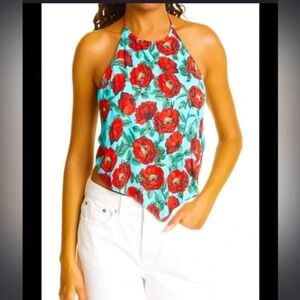 NWT Alice & Olivia Frenchie Handkerchief Halter Top in Beach Bliss Aqua Large L